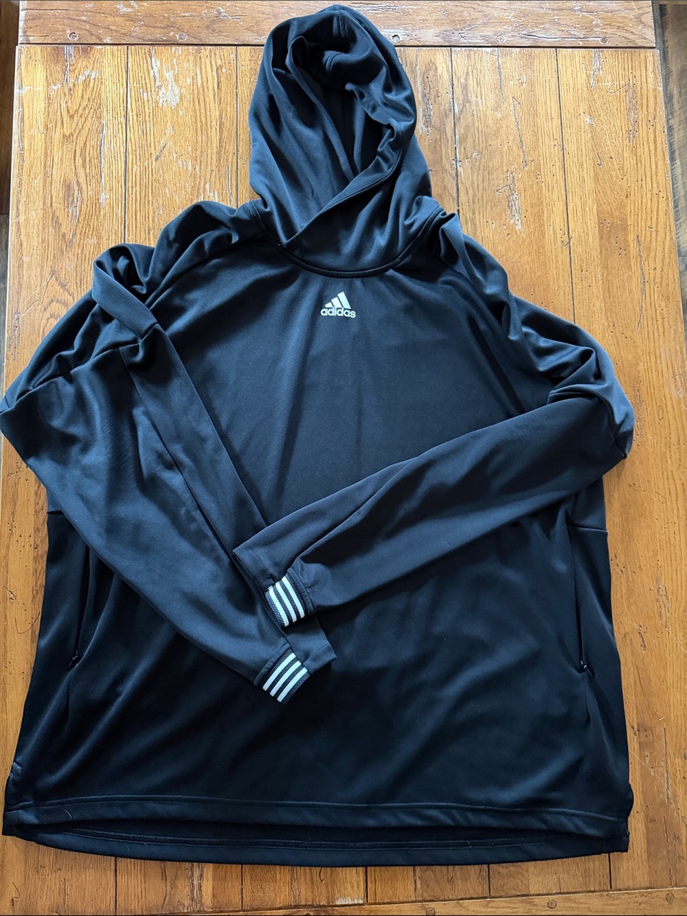 adidas Black Hooded Athletic Pullover with White Logo and Stripe Cuffs